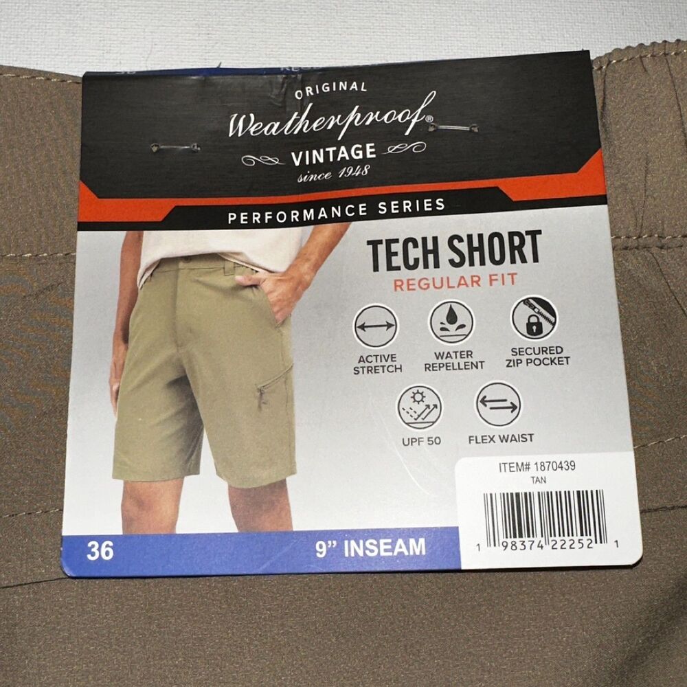 Weatherproof Vintage Men's Performance Series Tech Shorts Tan‎ Size 36 (38) NWT